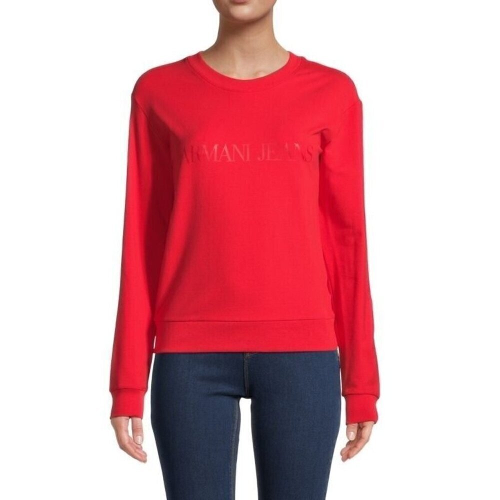 Armani Jeans Logo Dropped-Shoulder Red Cotton Sweatshirt Pullover Top